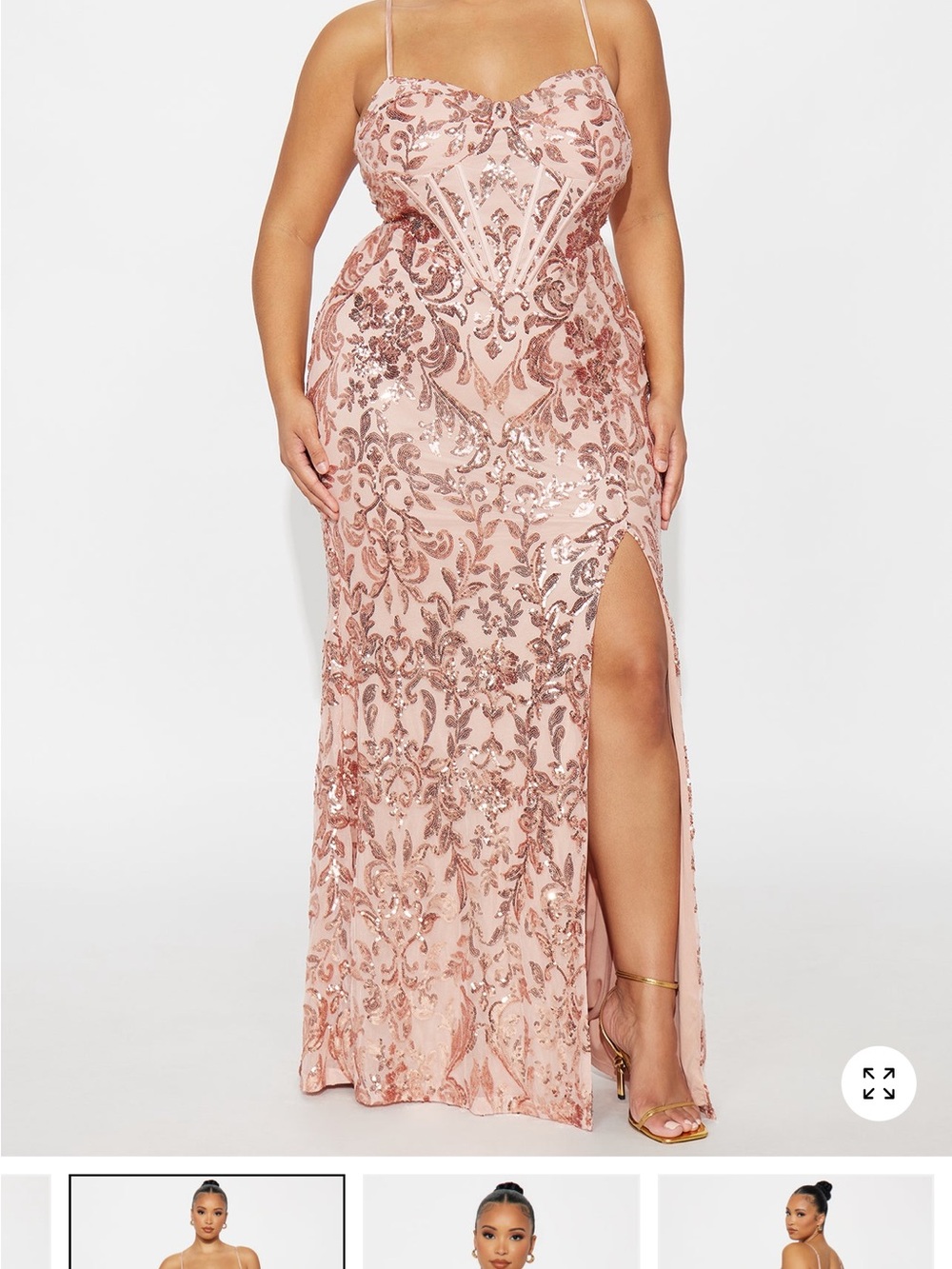 Plus Size Rose Gold Sequin Prom Gown with Side Slit